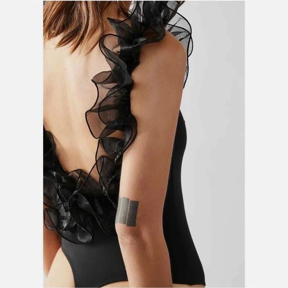 Free People Intimately Black Ruffle Organza Trim Bodysuit Small OB1085145